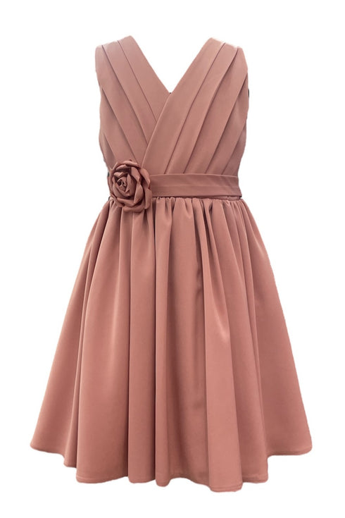 Girls V-Neck Pleated Flower Girl Dress with Rose Appliqué 2-12